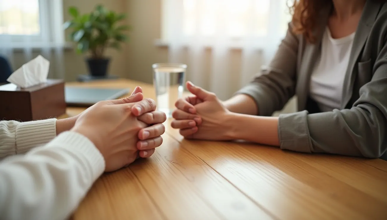 Two people sit across a wooden table with hands clasped, suggesting a serious and supportive conversation.