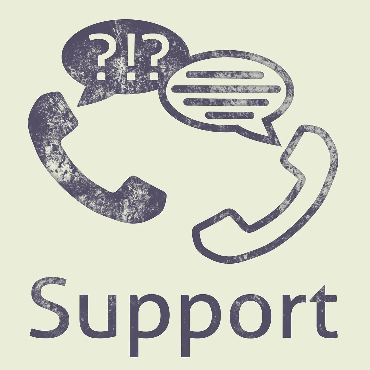Two distressed phone icons with speech bubbles above and the word 'Support' below, symbolizing hotline communication.